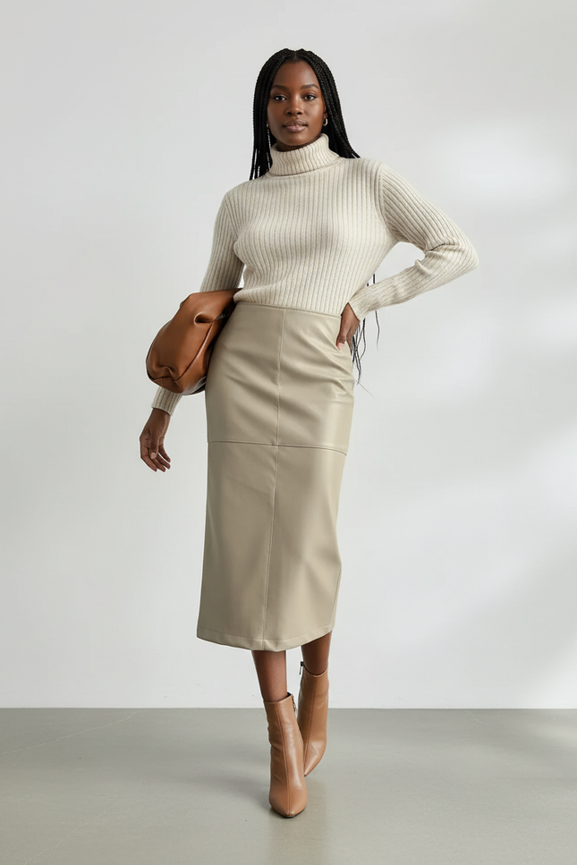 Jupe Crayon Cuir Beige