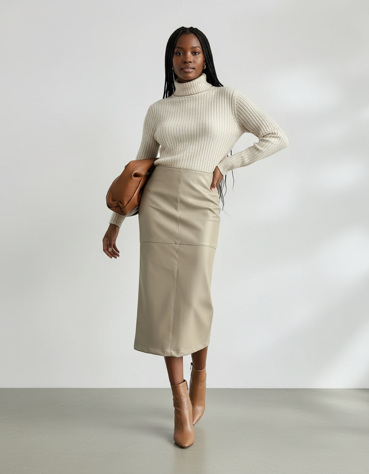 Jupe Crayon Cuir Beige