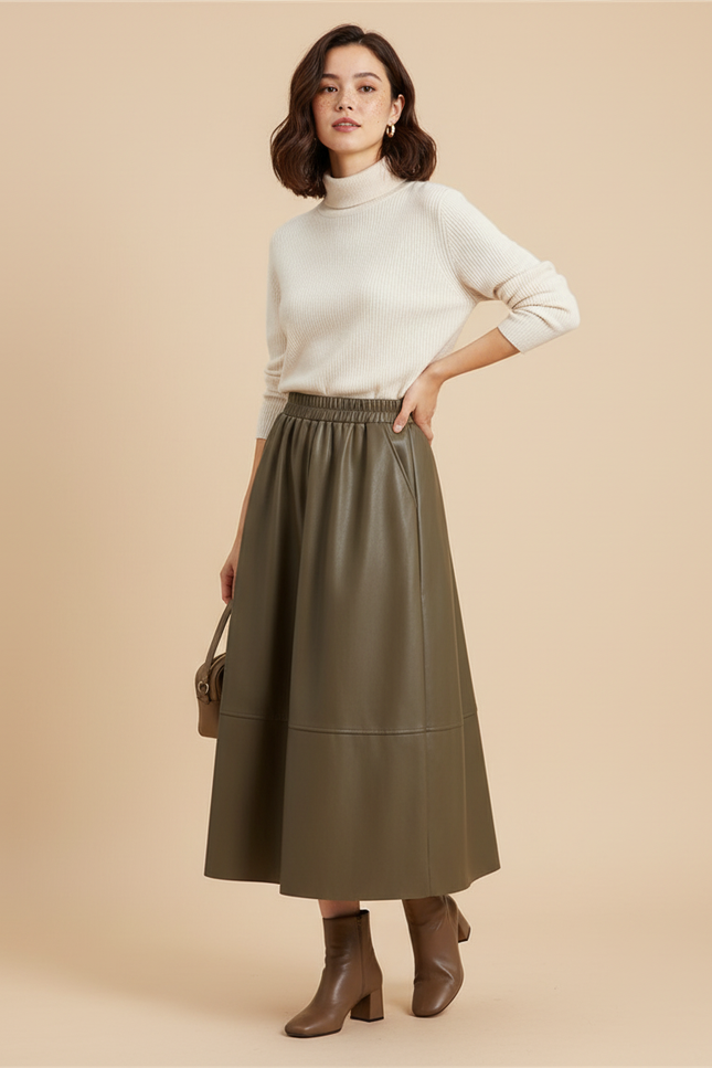 Jupe Simili Cuir Kaki