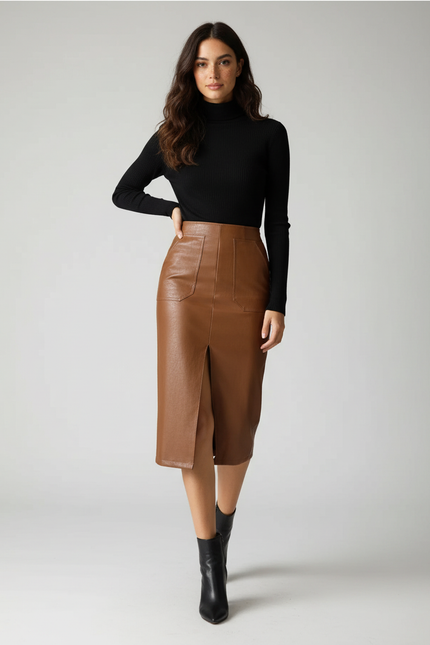 Jupe Crayon Cuir Camel