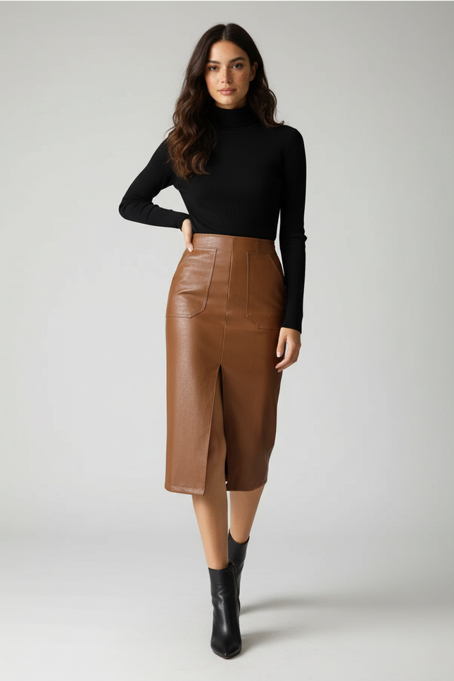 Jupe Crayon Cuir Camel