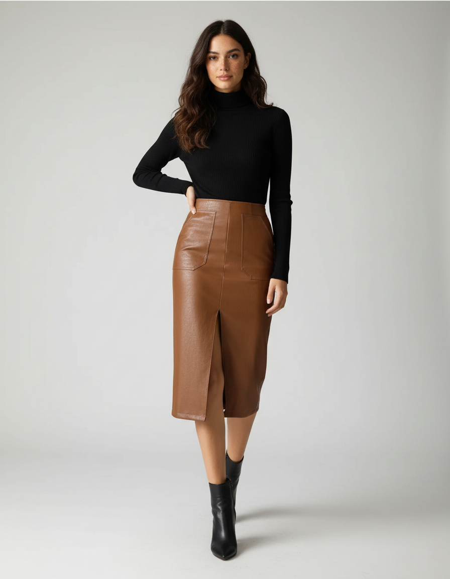 Jupe Crayon Cuir Camel