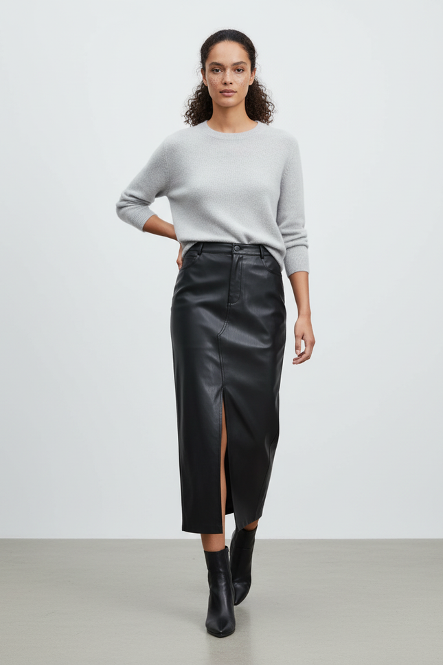 Jupe Cuir Midi Noire Chic