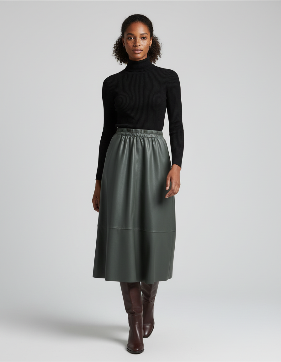 Jupe Simili Cuir Mi-Longue