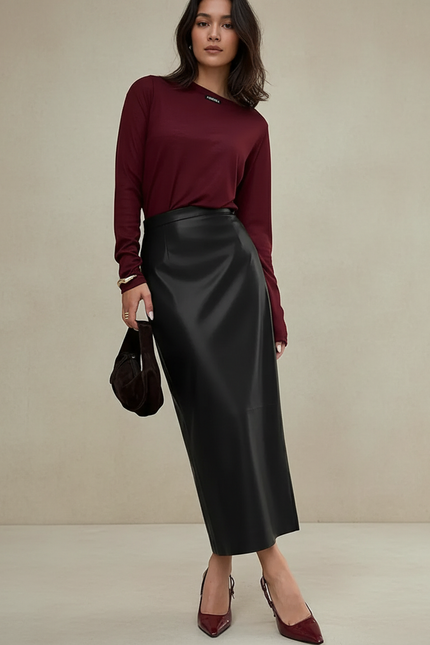 Jupe Cuir Noire Midi Élégante