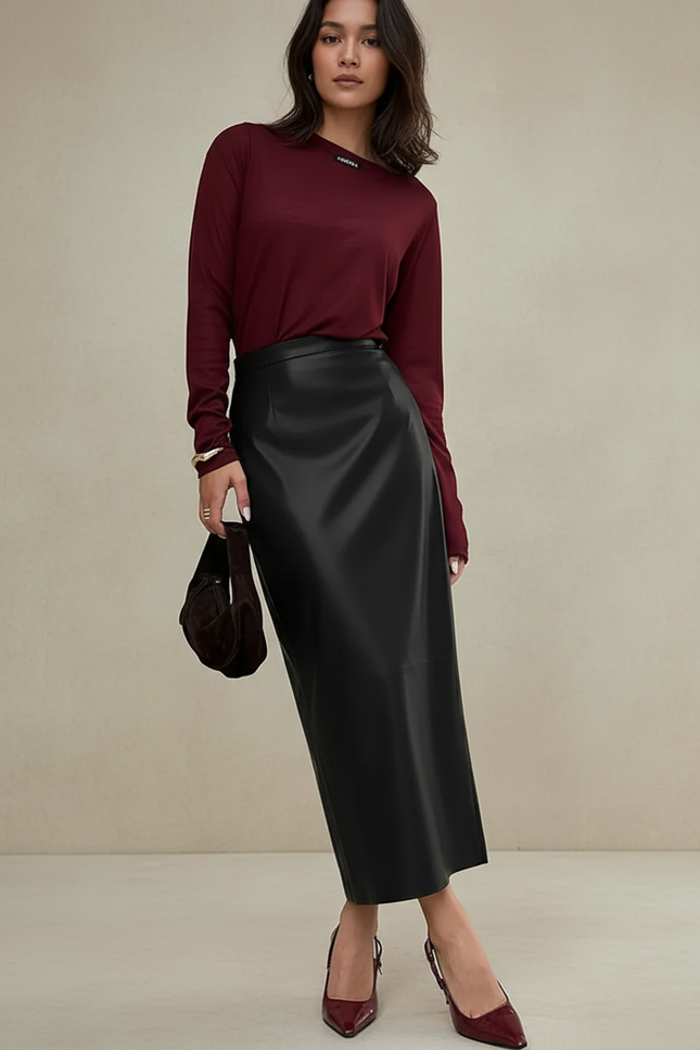 Jupe Cuir Noire Midi Élégante