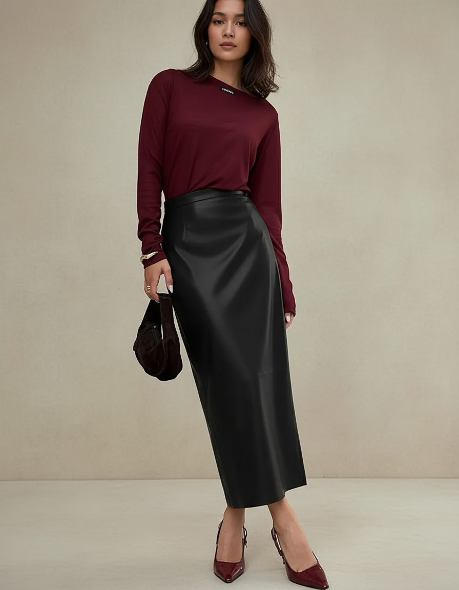 Jupe Cuir Noire Midi Élégante