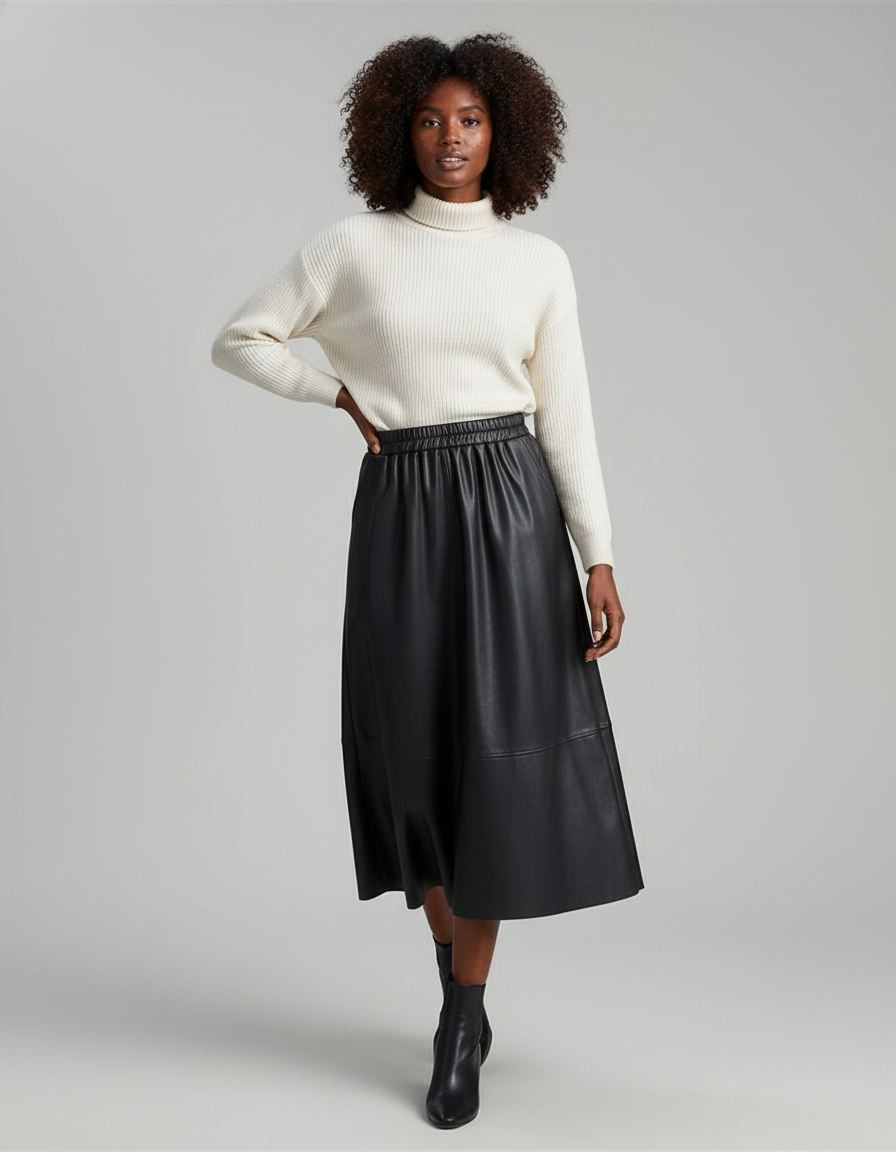 Jupe Midi Cuir Noir