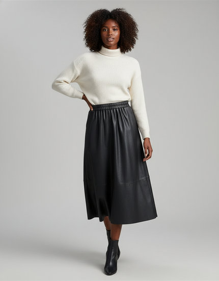 Jupe Midi Cuir Noir