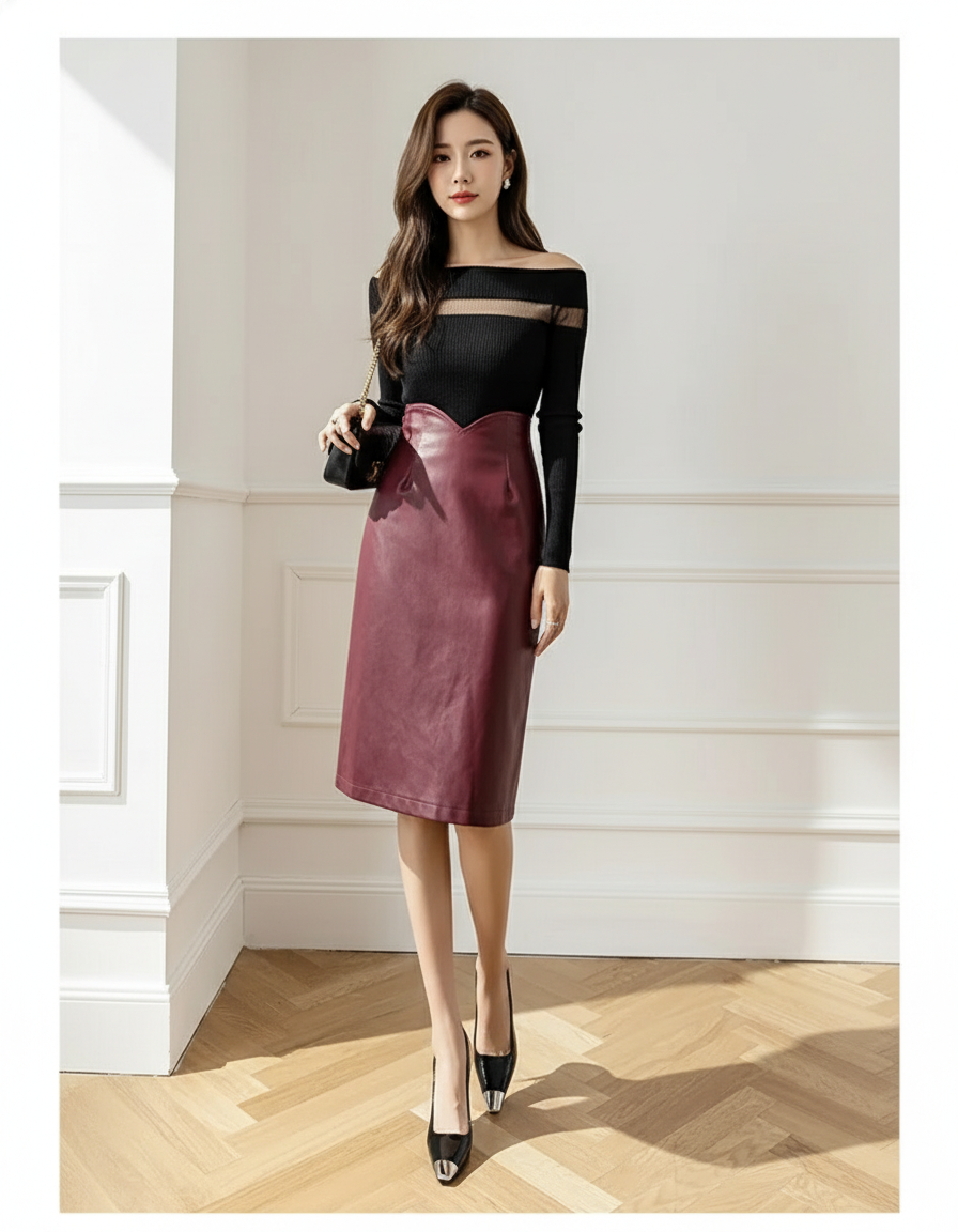 Jupe Simili Cuir Rouge