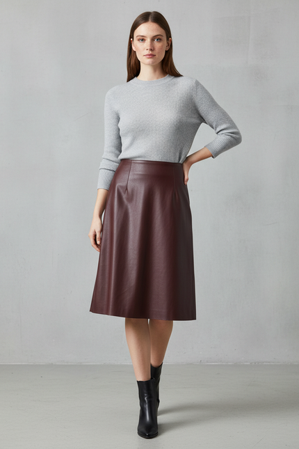 Jupe Cuir Bordeaux Évasée Chic