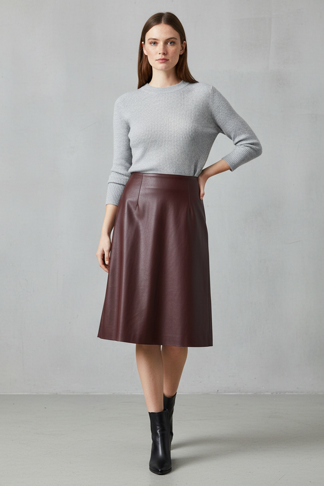 Jupe Cuir Bordeaux Évasée Chic