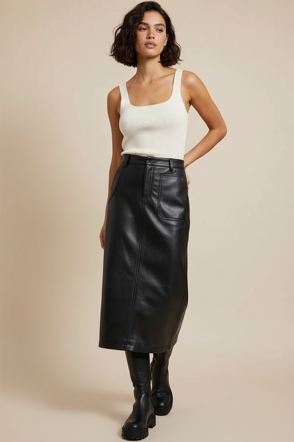 Jupe Cuir Longue Poches Chic