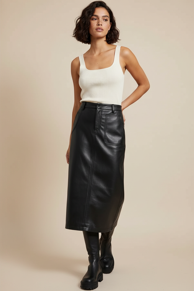 Jupe Cuir Longue Poches Chic