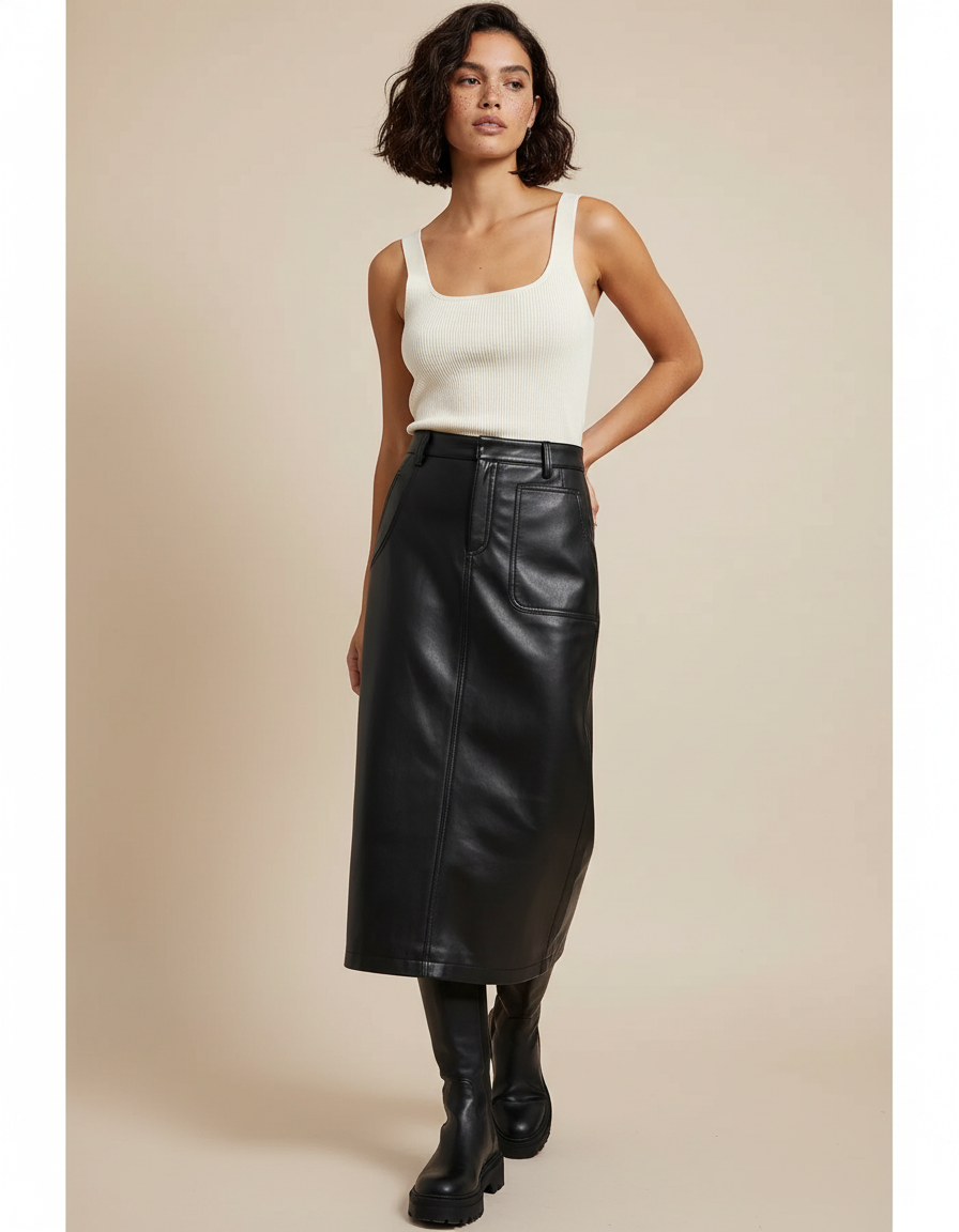 Jupe Cuir Longue Poches Chic