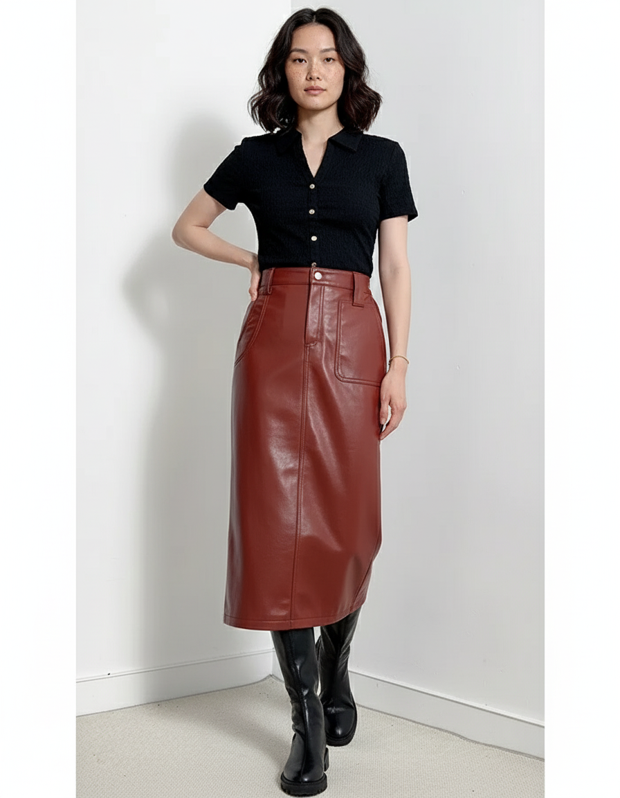 Jupe Cuir Longue Bordeaux Élégante
