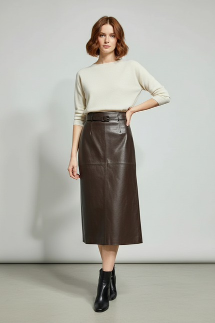 Jupe Cuir Marron Droite Chic