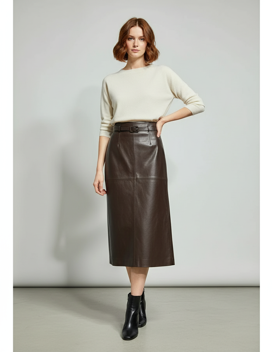 Jupe Cuir Marron Droite Chic