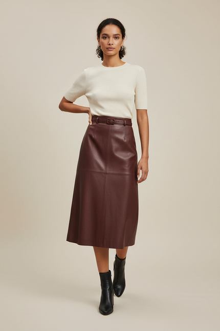 Jupe Cuir Bordeaux Midi Chic