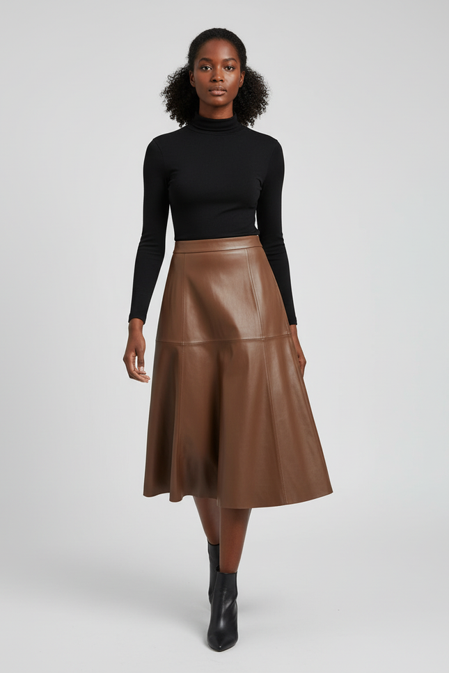 Jupe Cuir Camel Évasée Élégante