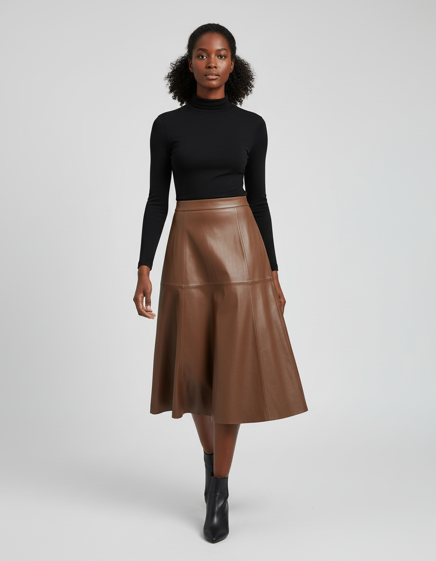 Jupe Cuir Camel Évasée Élégante