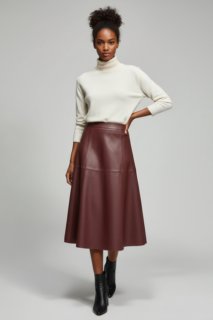 Jupe Cuir Bordeaux Évasée Élégante