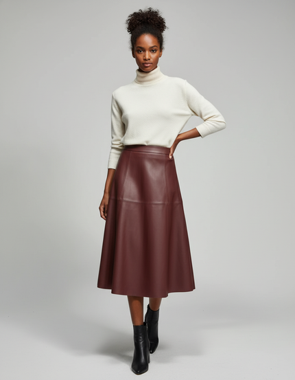 Jupe Cuir Bordeaux Évasée Élégante