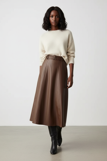 Jupe Cuir Marron Évasée Élégante