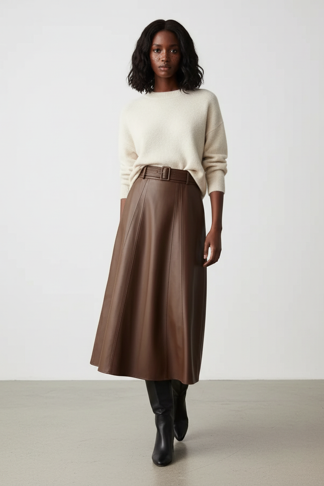 Jupe Cuir Marron Évasée Élégante