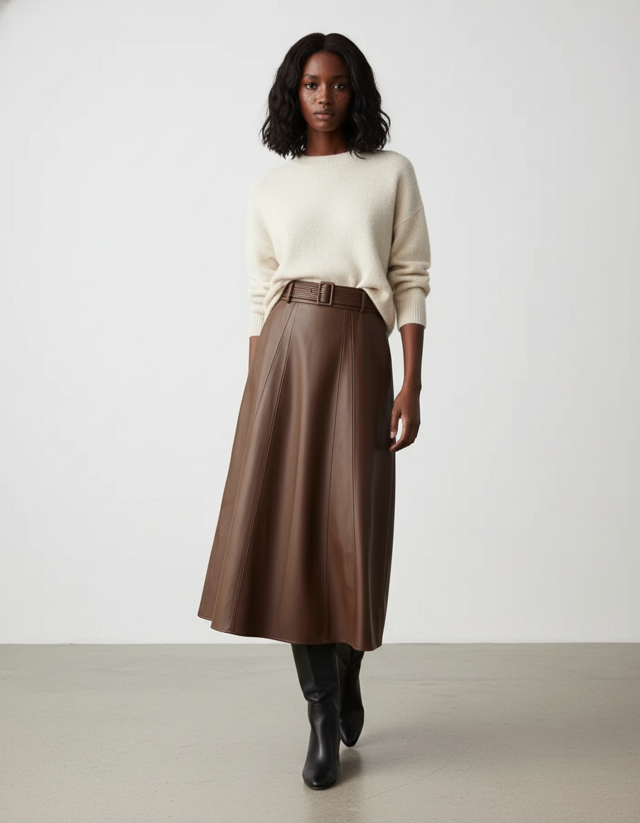 Jupe Cuir Marron Évasée Élégante