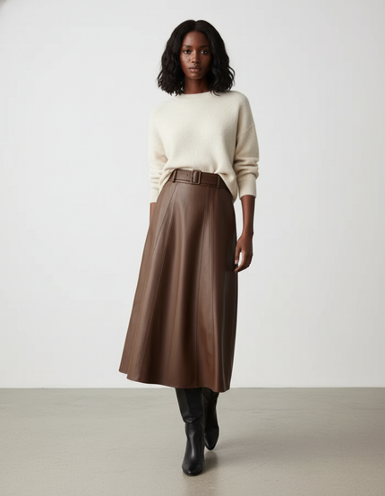 Jupe Cuir Marron Évasée Élégante