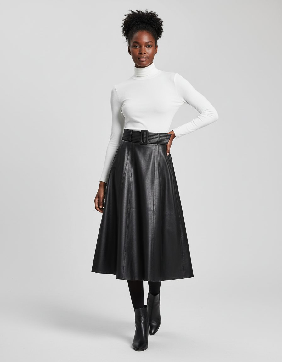 Jupe Cuir Noire Évasée Élégante