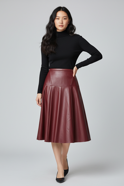 Jupe Patineuse Simili Cuir Bordeaux