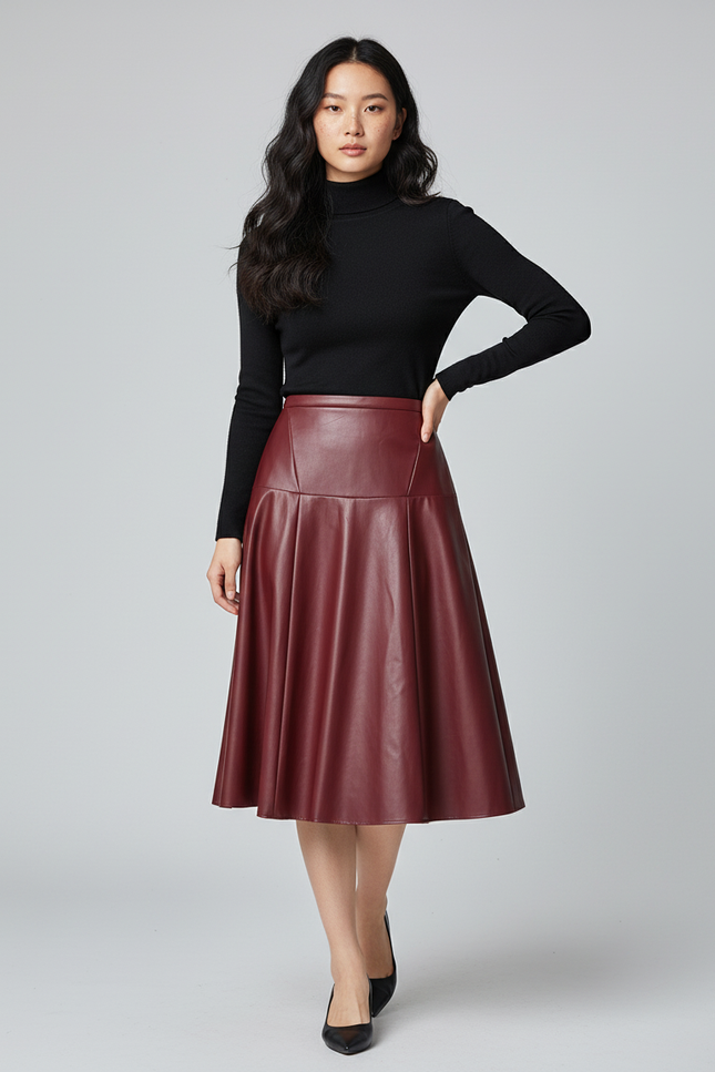 Jupe Patineuse Simili Cuir Bordeaux