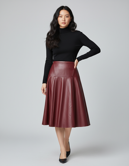 Jupe Patineuse Simili Cuir Bordeaux