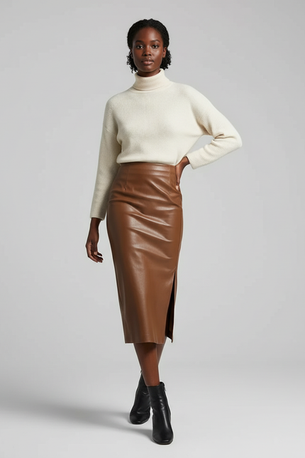 Jupe Cuir Marron Fendue Chic