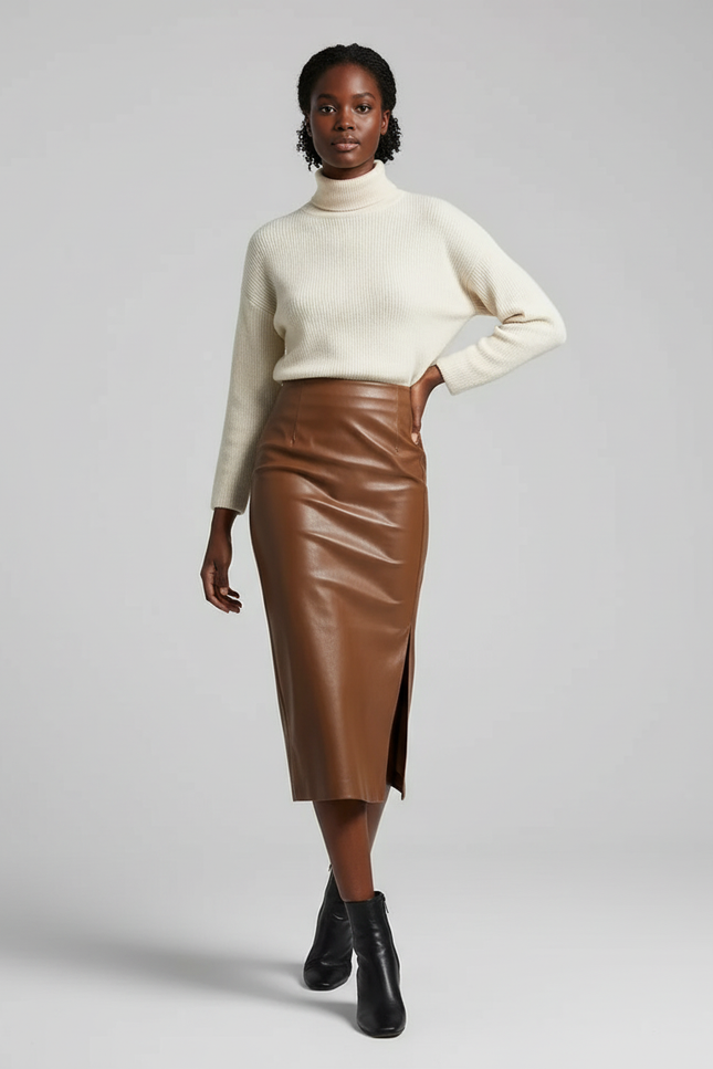 Jupe Cuir Marron Fendue Chic