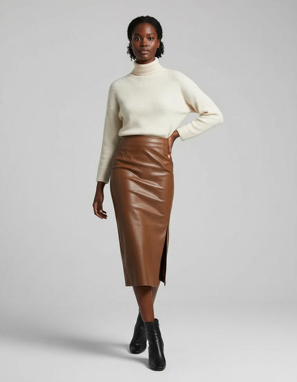 Jupe Cuir Marron Fendue Chic