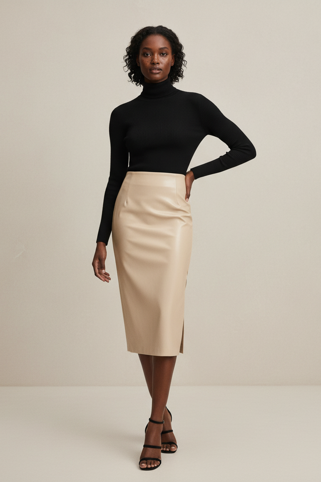 Jupe Cuir Beige Fendue Élégante