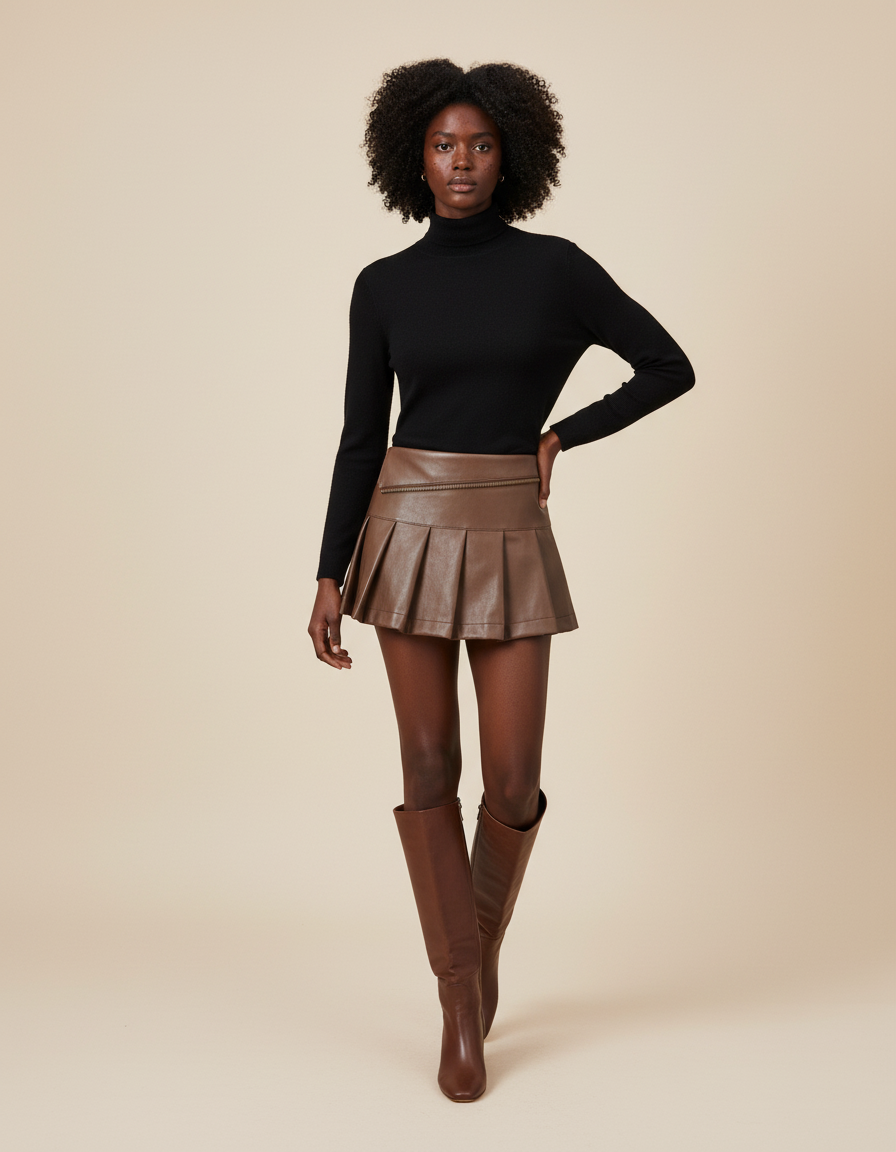 Jupe Cuir Plissée Marron Y2K
