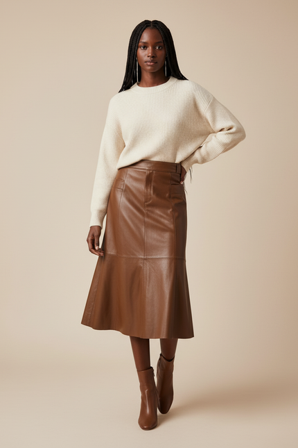 Jupe Cuir Marron Évasée Chic