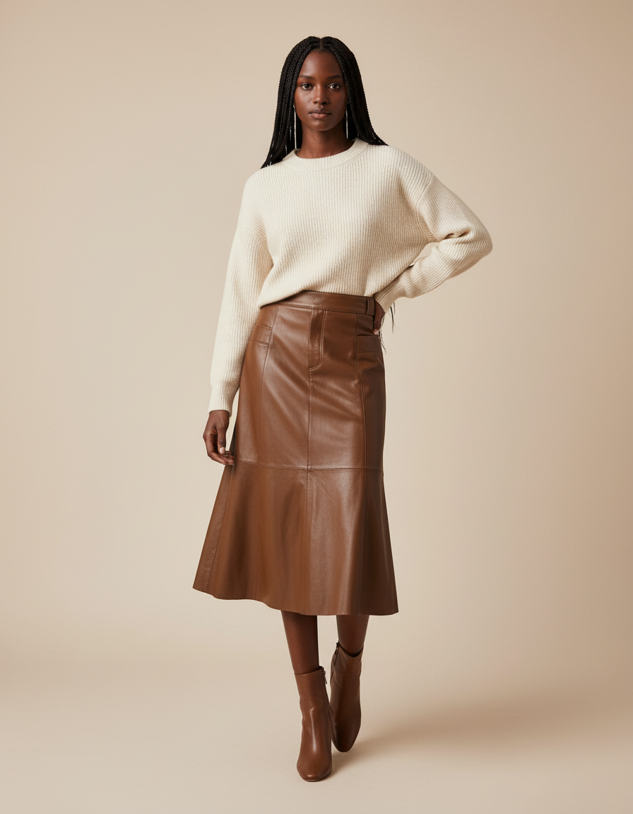 Jupe Cuir Marron Évasée Chic