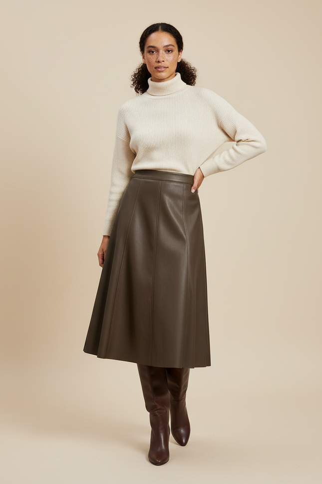 Jupe Cuir Marron Évasée Élégante Fluide