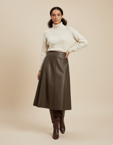 Jupe Cuir Marron Évasée Élégante Fluide