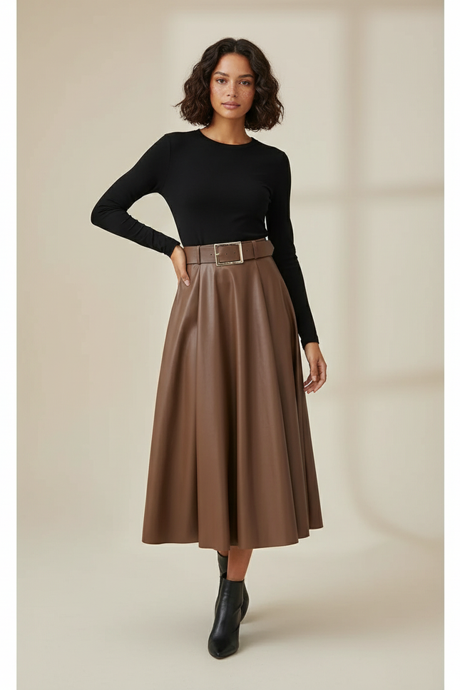 Jupe Cuir Marron Ceinturée Élégante
