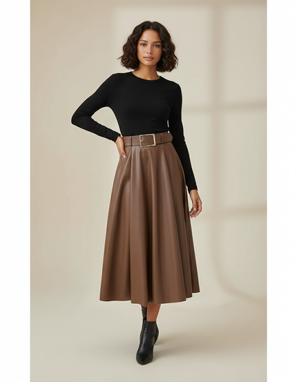 Jupe Cuir Marron Ceinturée Élégante