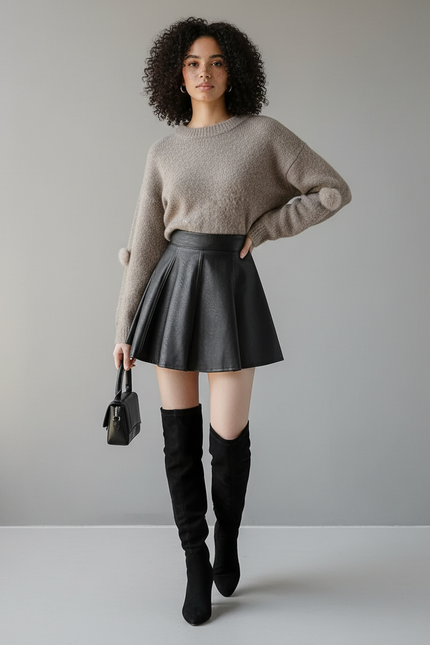 Jupe Cuir Noire Plissée Chic