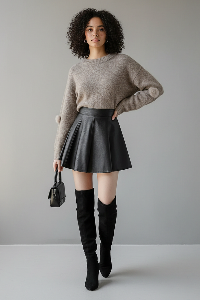 Jupe Cuir Noire Plissée Chic
