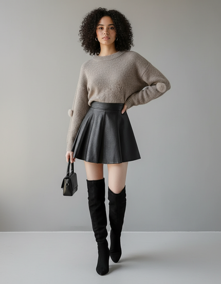 Jupe Cuir Noire Plissée Chic