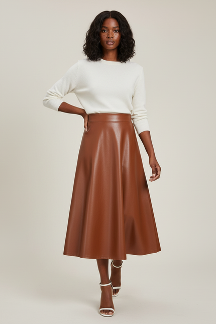 Jupe Cuir Marron Évasée Chic Bohème